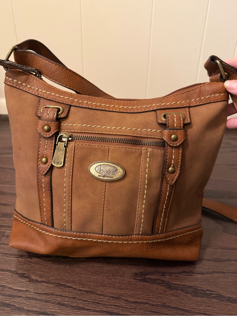 b.o.c. Cognac Brown Leather Shoulder Bag with Brass Hardware